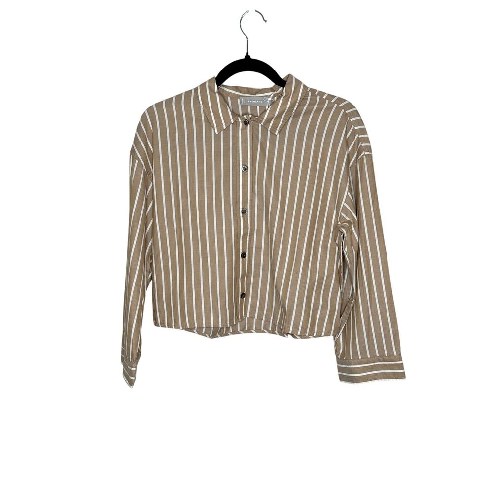 Everlane Brown White Striped Cotton 3/4 Sleeve Button Down Shirt Womens Small S